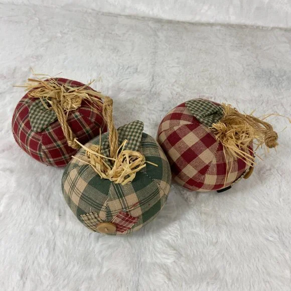 Plaid Gingham country fabric Apples set of 3 Farmhouse Fall Country Check Ornies - Picture 4 of 6